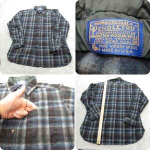 Pendleton Wool‎ Flannel Shirt Jacket Men XL FITS MEDIUM Blue Plaid  USA VTG 80s